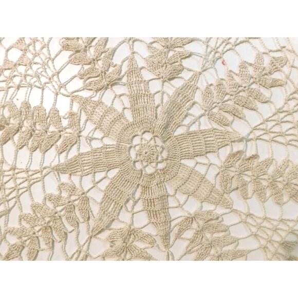 Hand Crocheted Lace Table Top Doily 32" Beige Cotton Round Elegant Vintage Decor - Picture 2 of 4